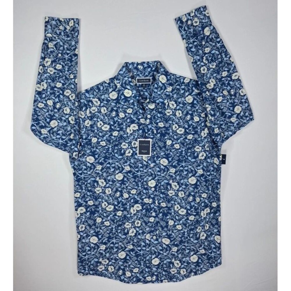 Club Room Mens Medium Shirt Long Sleeve Button Down Stretch Navy Blue Floral NWT